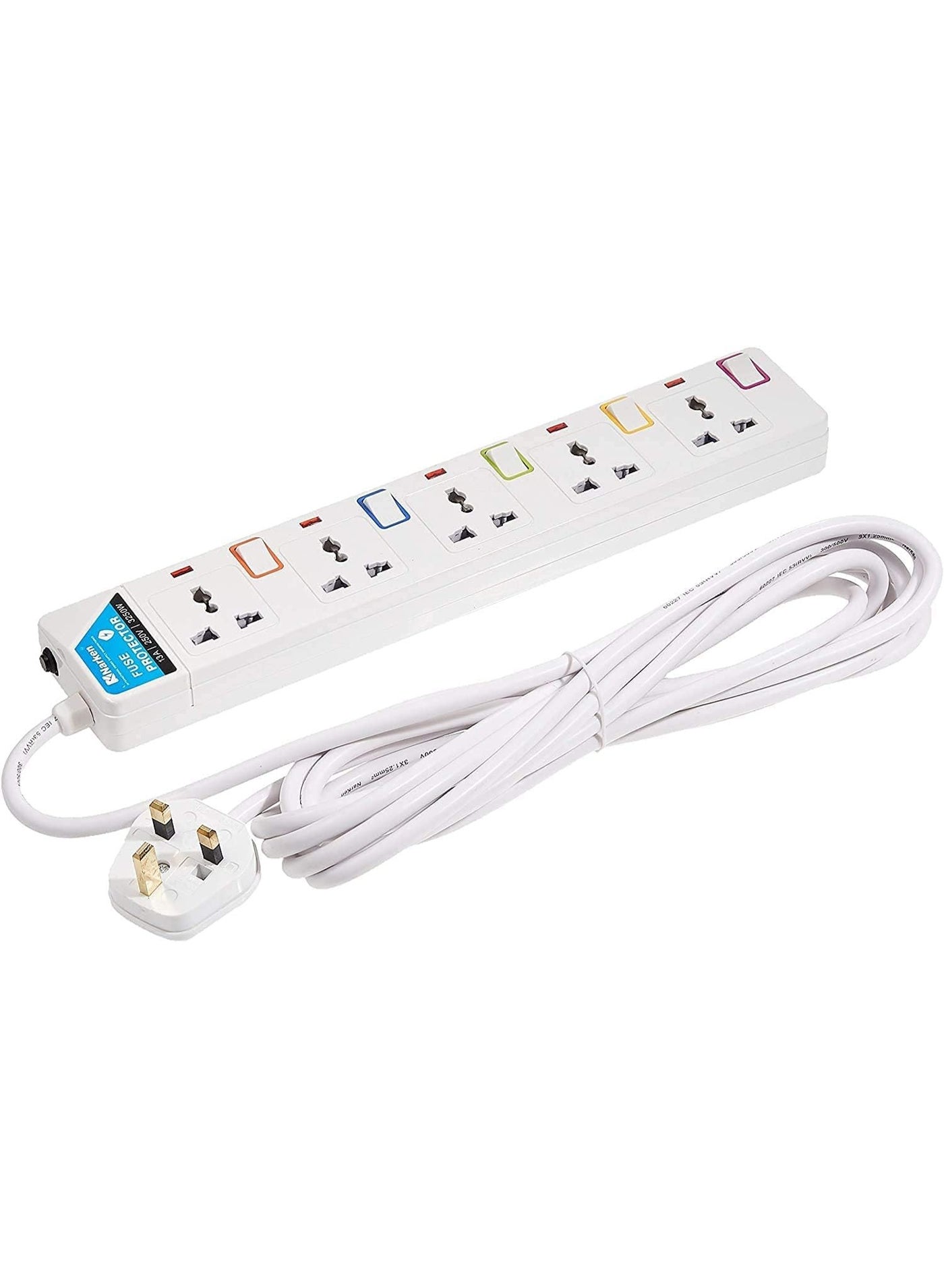 E Series Extension Cord 5 Ways 3 Meter Electric Universal Power Strip wire 13A Fuse surge With Separate Single Switch and Indicate light Max 13A 3250W AC 250V White.